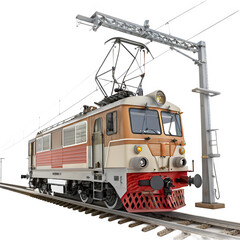 Fototapeta premium Front angle of a railway maintenance vehicle with track inspection and repair equipment visible