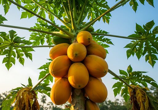 Ripe papaya fruits on tree papaya orchard fresh papaya tropical fruit agriculture papaya harvest healthy food