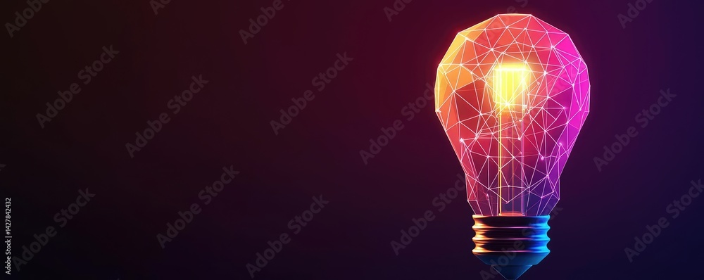 Poster Polygon lightbulb in business and idea exchange concept. A glowing light bulb with colorful geometric patterns illuminating ideas.