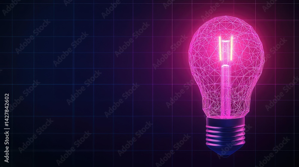Poster Polygon lightbulb featuring lamp and network concept. Abstract neon light bulb glowing against a dark background.