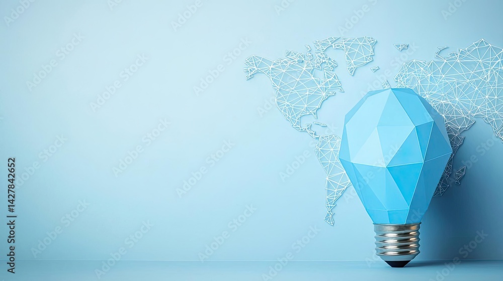 Poster polygon lightbulb with innovation and exchange concept. a blue geometric light bulb against a world 