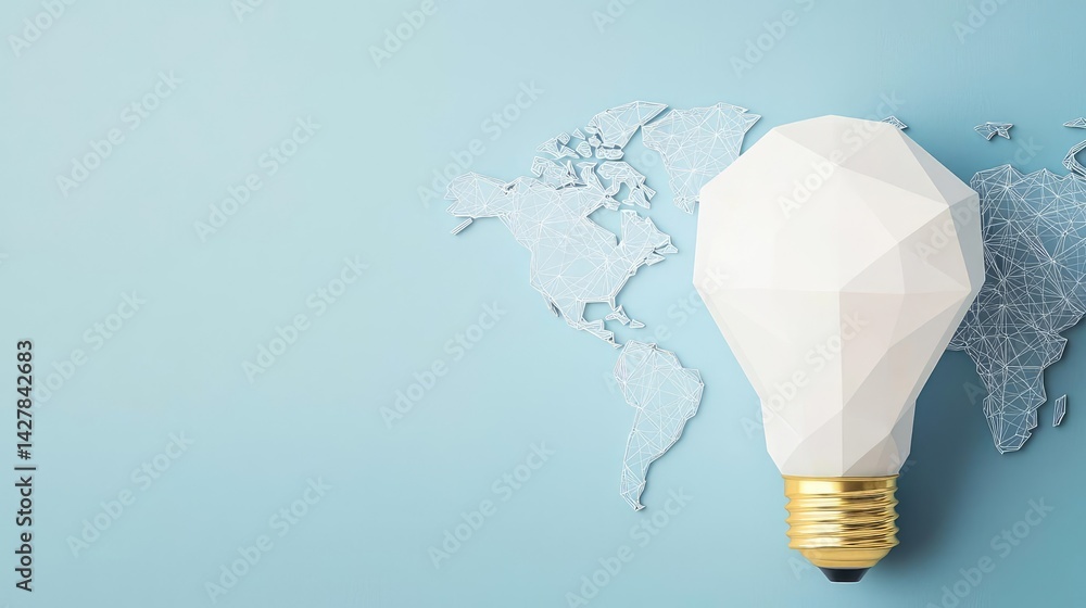 Poster polygon lightbulb with innovation and exchange concept. creative light bulb design with world map ba