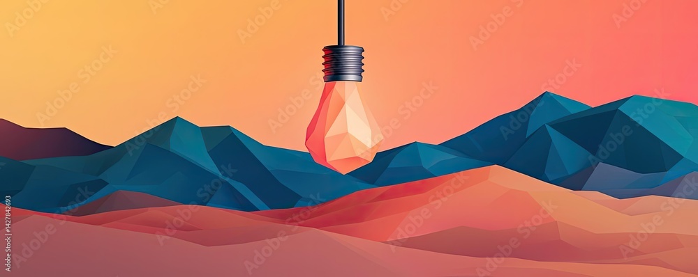 Poster polygon lightbulb featuring lamp and network concept. a geometric light bulb hangs over surreal moun