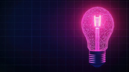 Polygon lightbulb featuring lamp and network concept. Abstract neon light bulb glowing against a dark background.