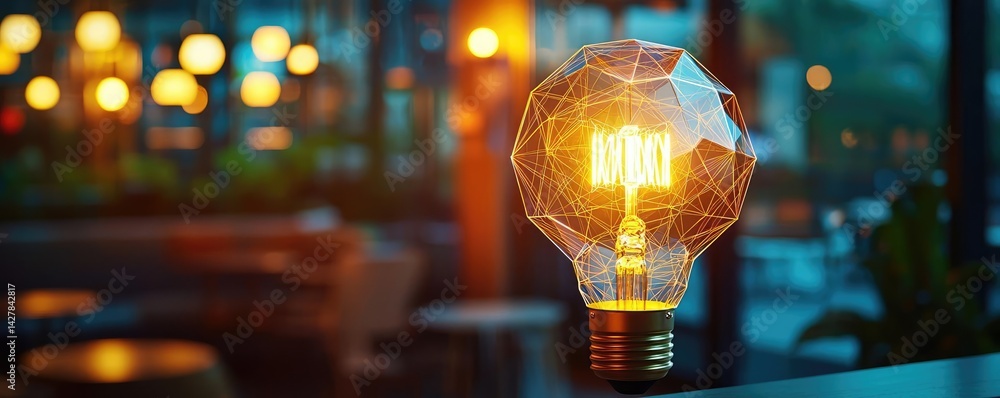 Poster polygon lightbulb in business and idea exchange concept. stylish light bulb glowing warmly in a mode