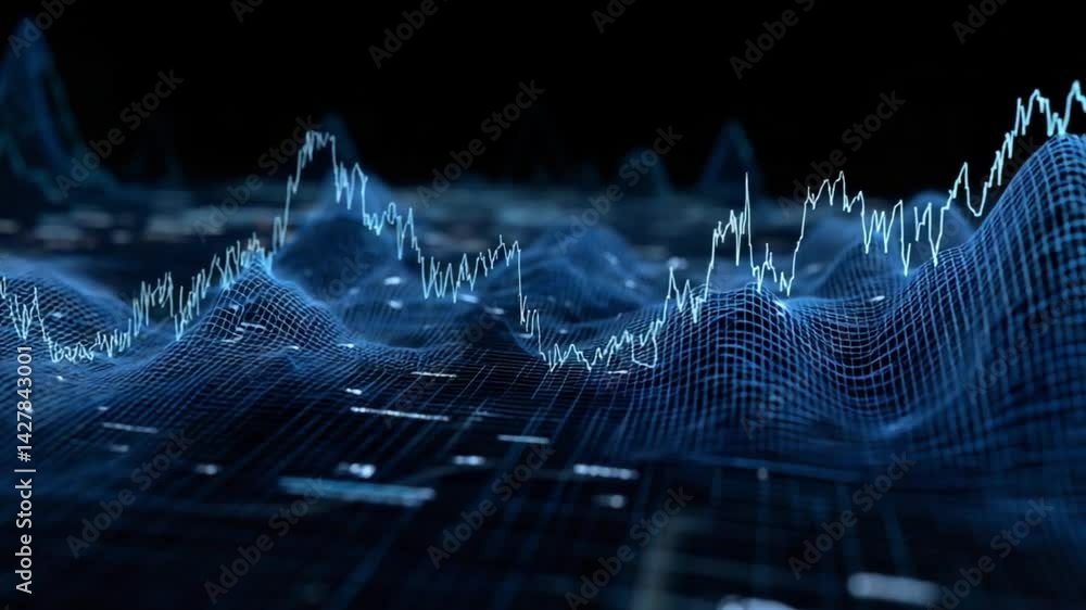 Poster abstract data visualization: dynamic 3d data visualization of market trends with glowing lines formi