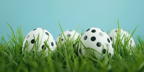 Obraz premium A fun Easter scene with polka-dot painted eggs peeking through meadow grass