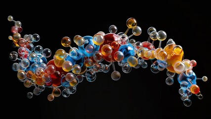 Colorful abstract molecular structure on a black background, science concept.