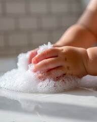 Fototapeta premium close up of tiny fingers playing with soap foam in bathtub, white tile background and warm natural light
