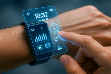 Hand interacting with futuristic smartwatch interface