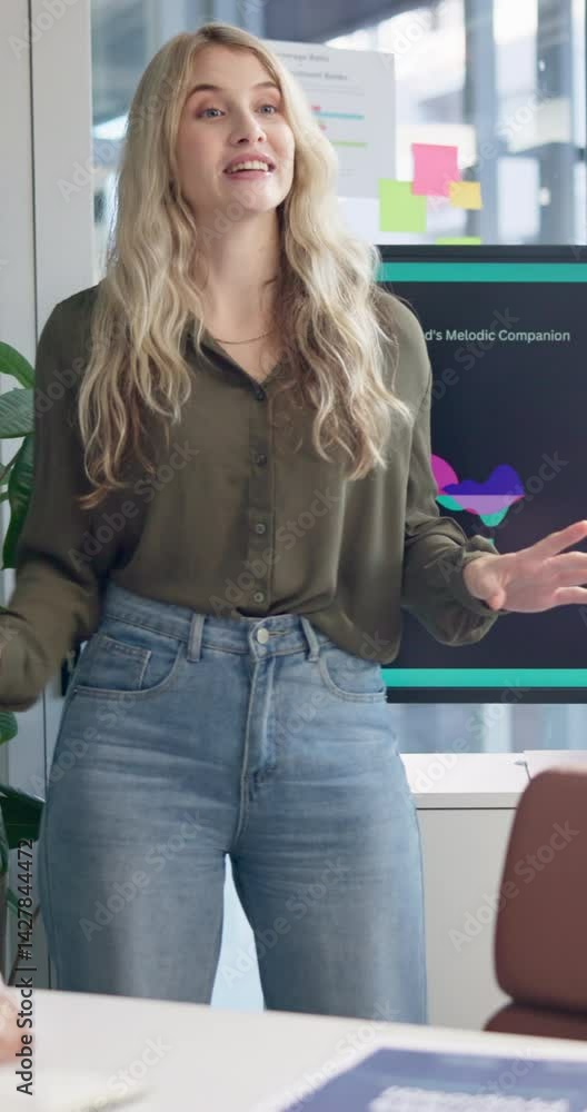 Poster Presentation, talking and business woman in meeting for tech startup, music app prototype and project. Developers, sound search algorithm and discussion with person in office for programmer pitch