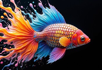 Fototapeta premium Colorful Digital Fish Exploding In Motion With Vivid Colors