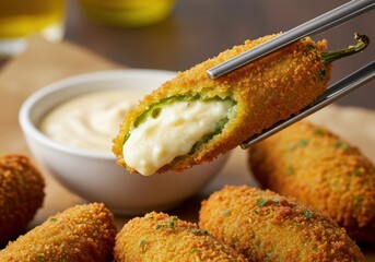 Crispy jalapeno poppers with melted cheese dip