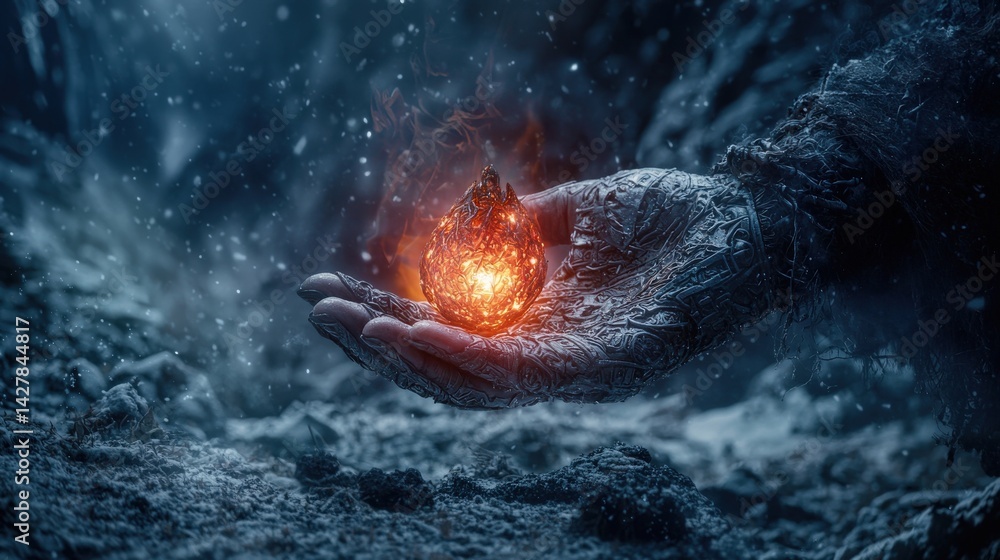 Poster fiery element held in hands dark environment visual art fantasy theme close-up perspective magical c