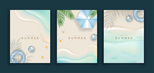Summer top view greeting card set with swim ring, beach ball, umbrella and palm leaves. vector illustration.