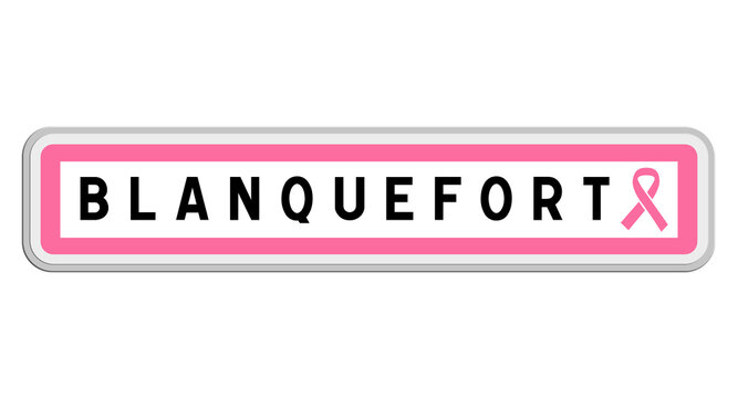 Panneau de sortie de Blanquefort, Gironde, Nouvelle-Aquitaine avec Ruban Octobre Rose