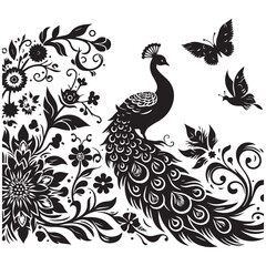 create peacock bird Silhouette with white background