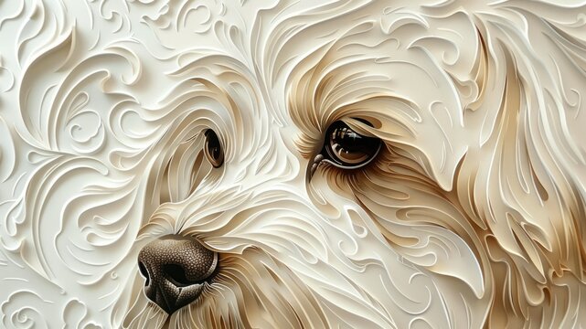 Elegant illustration of a fluffy white dog with decorative swirl patterns.