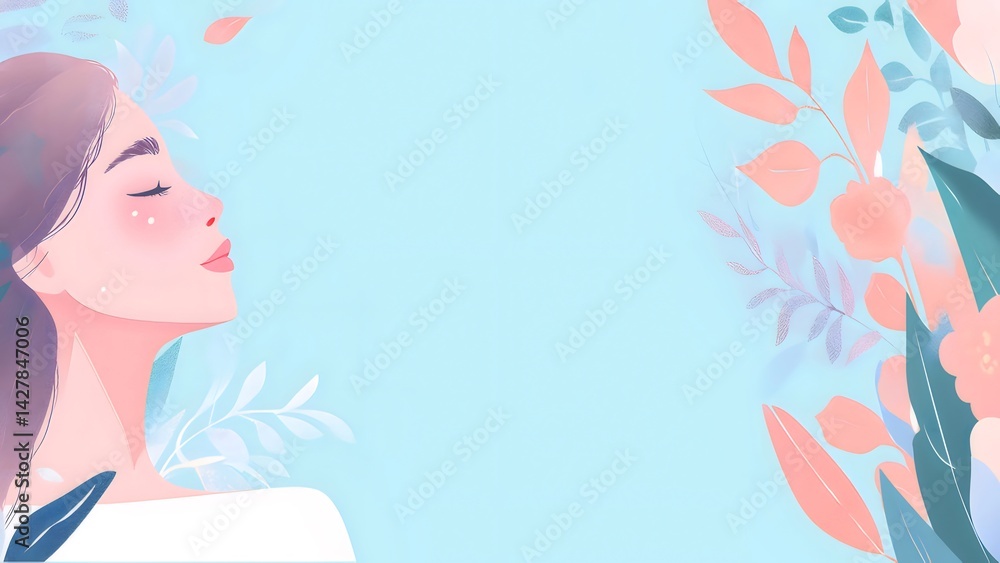 Poster 穏やかな女性横顔と花柄の優しいイラスト 鮮やかなパステルカラーの背景 美容とウェルネスのコンセプト