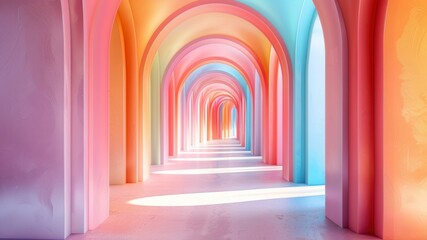 Fototapeta premium Pastel colored arches create an elegant architectural hallway with light & shadows.