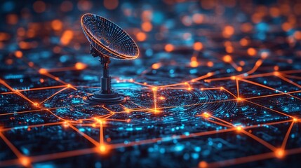 advanced satellite communication technology with digital network grid visuals