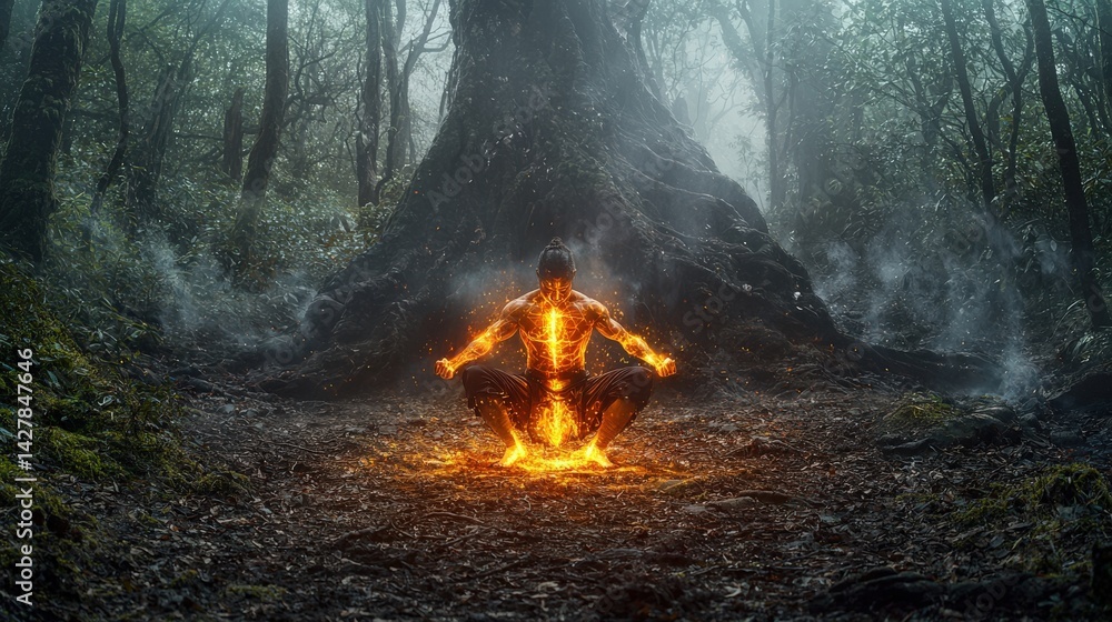 Poster elemental power unleashed fiery transformation in enchanted forest fantasy art ethereal atmosphere c