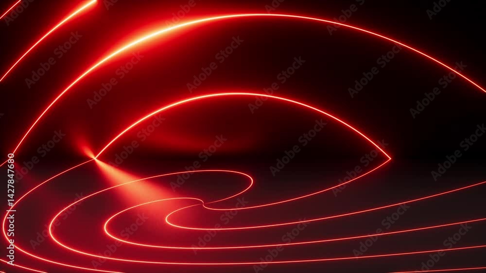 Poster looping 3d animation. abstract minimalist background. twisted red neon lines spin and rotate inside 