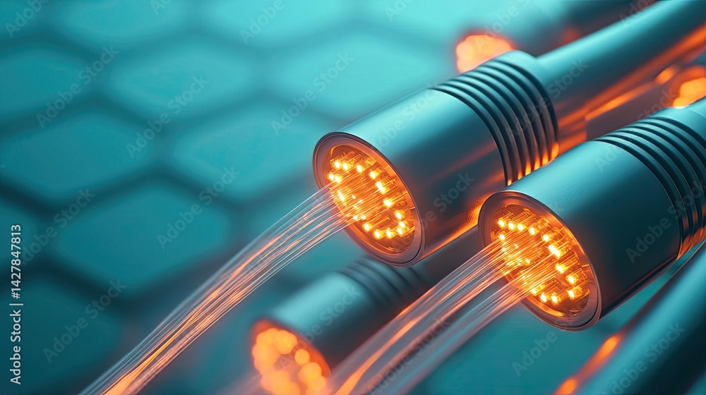 Poster lights of glowing fiber optic cables showing network connectors concept. close-up of vibrant cables 