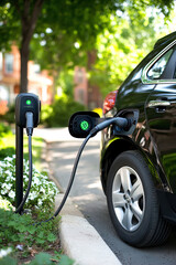 Plugged-in electric car charger with illuminated green indicator, close-up of charging connection
