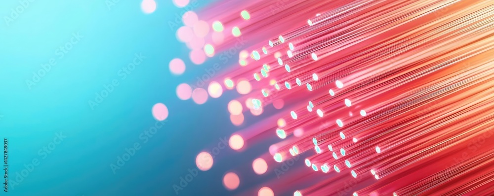 Poster Lights of glowing fiber optic cables showing network connectors concept. Abstract lines and dots creating a vibrant tech background.