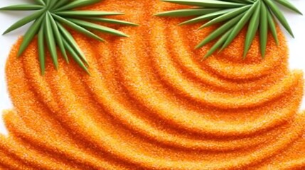 Tropical beach sand concept with textured orange waves and palm leaves