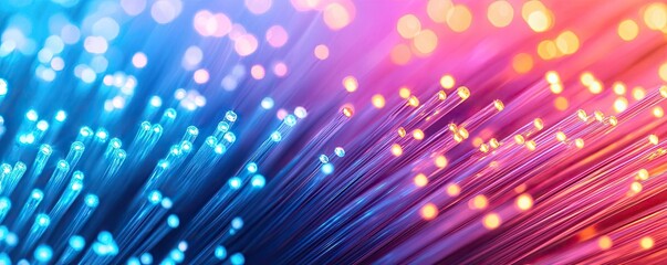 Lights of glowing fiber optic cables showing network connectors concept. Vibrant fiber optic strands glowing in colorful light display.