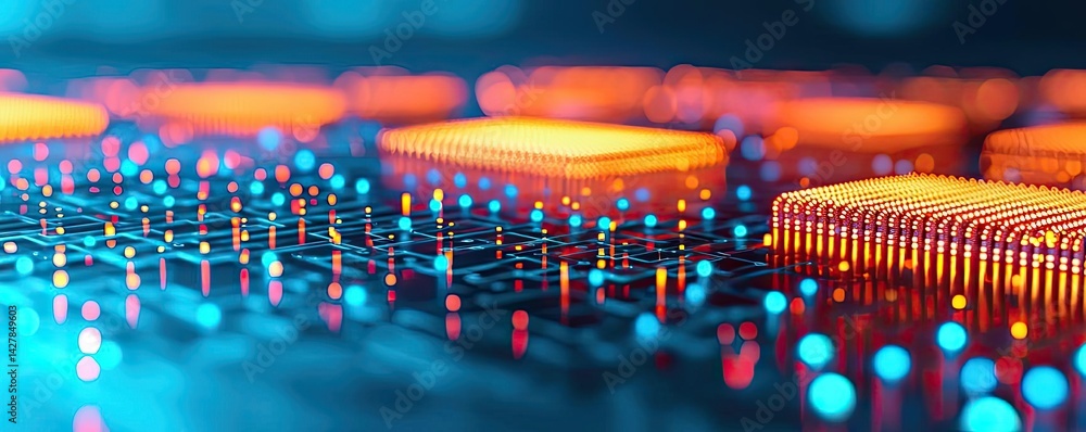 Aufkleber lights of glowing fiber optic cables in digital technology connectors concept. close-up of a microch