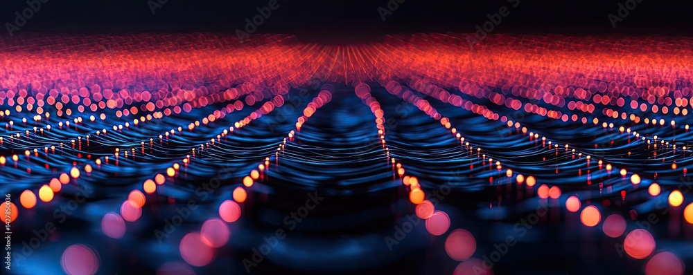 Poster lights of glowing fiber optic cables in digital technology connectors concept. vibrant abstract patt