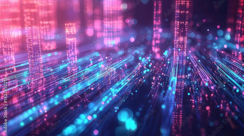 Poster lights of glowing fiber optic cables in digital technology connectors concept. futuristic abstract b