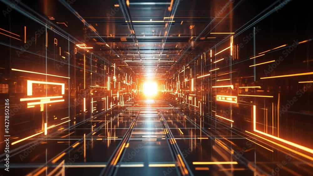 Poster futuristic corridor of glowing light exploring depth and technology through geometric patterns and v
