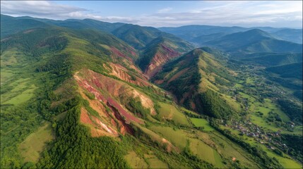 Fototapeta premium Aerial View of Red Earth Erosion in Mountain Valley Landscape
