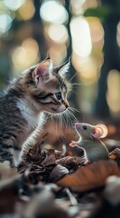  A cute little cat is playing with an adorable mouse in the forest, featuring photo-realistic landscapes