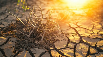  Cracked dry soil with a resilient thorny bush against a golden sunset, symbolism of drought and resilience, World Water Day concept.