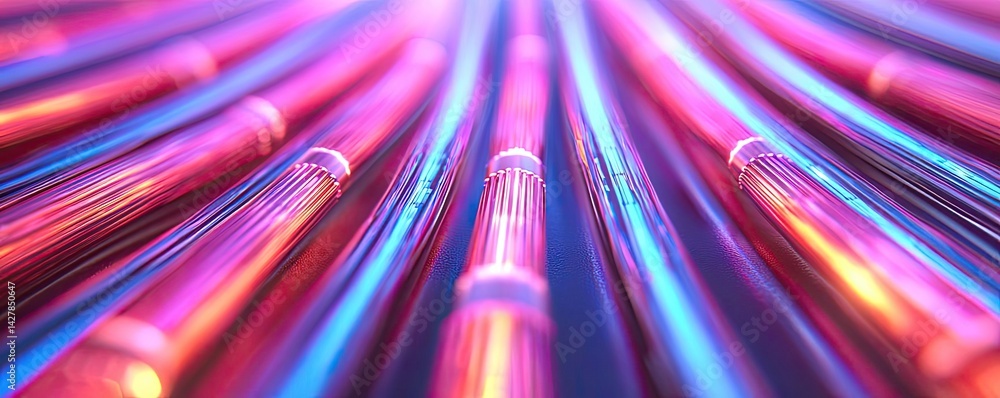 Poster lights of glowing fiber optic cables featuring macro connectors concept. abstract close-up of colorf