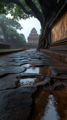  A rainy village path leads to a small, rustic temple, with faded murals of Lord Krishna on the surrounding walls. 