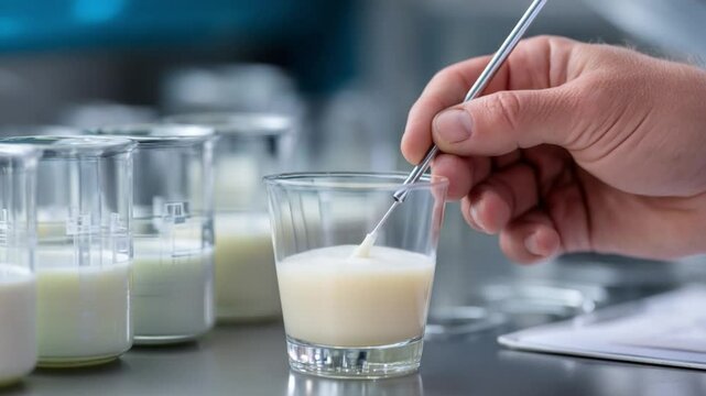 Milk Quality Control: A hand carefully stirs a sample of milk in a glass, ensuring the highest quality standards in a dairy production facility.