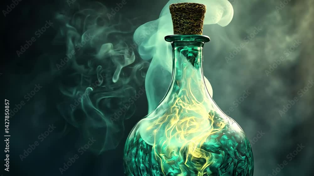 Poster antique bottle filled with luminescent liquid swirling in mysterious patterns against a dark backgro