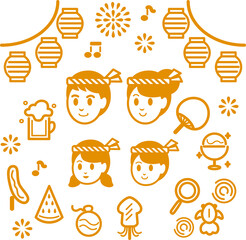 アイコン　ファミリー　キッズ　夏　お祭り　人物　家族　子供　ピクトグラム　線　イラスト素材セット