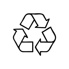 Obraz premium Black line art of the classic three-arrow recycle symbol, ideal for eco-friendly topics, recycling programs, packaging, or environmental awareness.