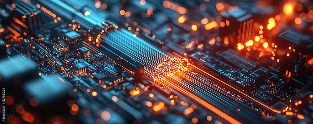 Poster lights of glowing fiber optic cables in digital technology connectors concept. close-up of a circuit