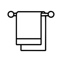 Black line art of a towel hanging on a rack, perfect for bathroom signage, hygiene concepts, or home and hospitality visuals.