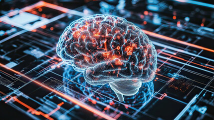 Digital mind design of a human brain with electric binary code illustrates technology and science concepts