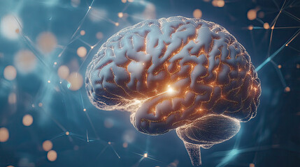 A glowing, transparent 3D rendered illustration of a human brain floats in the deep blue 