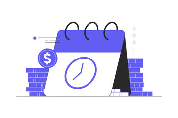 Calendar payment time money business concept. Financial management success. Investment agenda reminder wealth account savings. Flat Cartoon Vector Illustration, icon. Stylish abstract design landing 